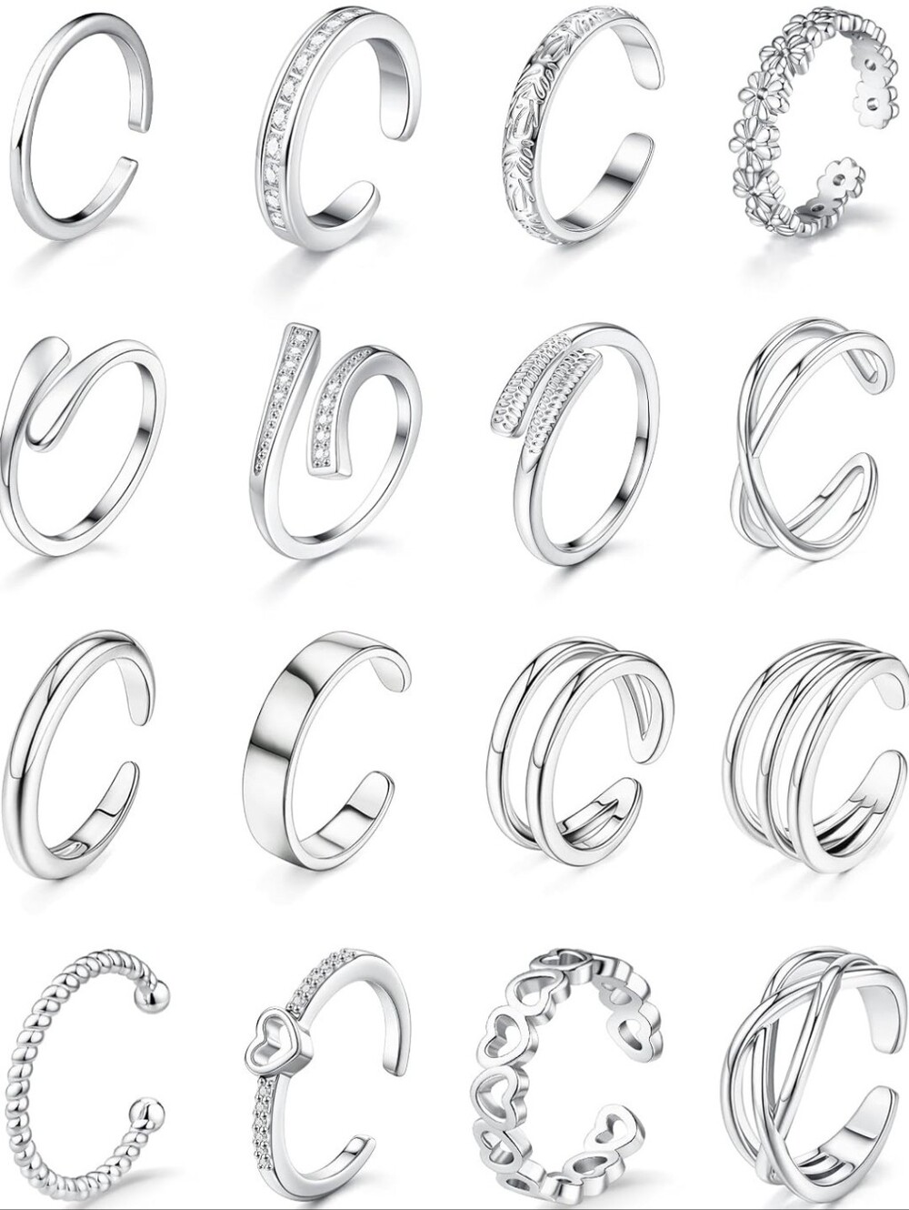 Open Toe Midi Rings - Silver, Set of 16